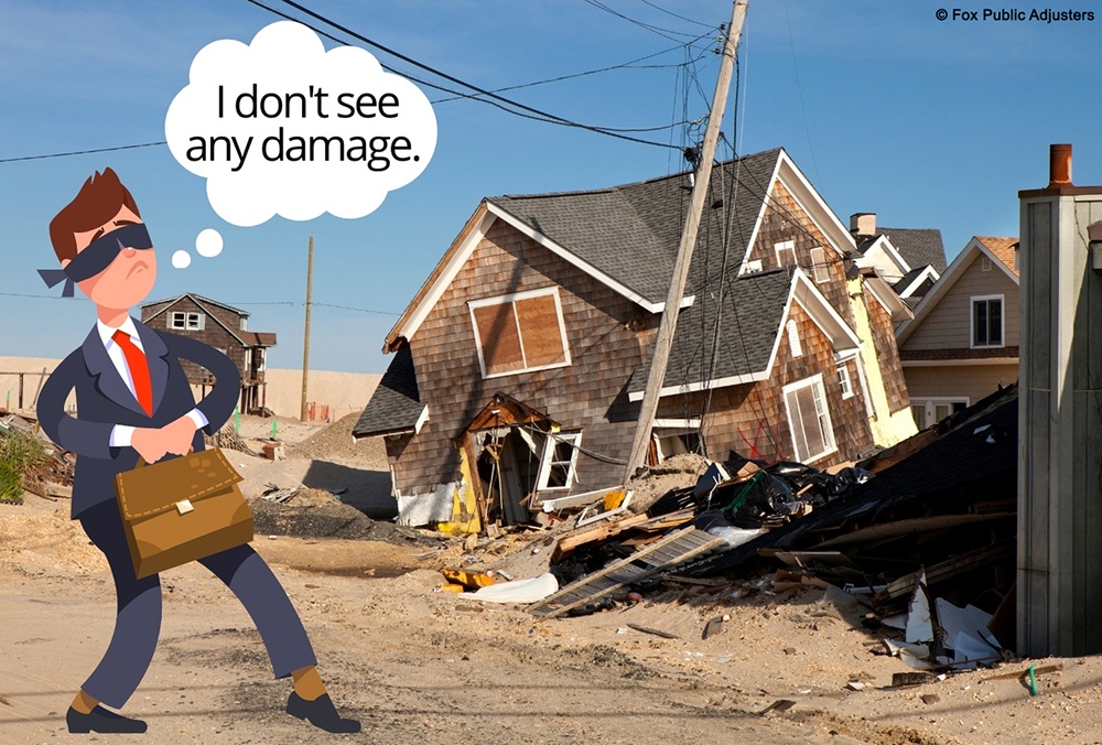 A home insurance agent can't see the damages home because he is blindfolded. 